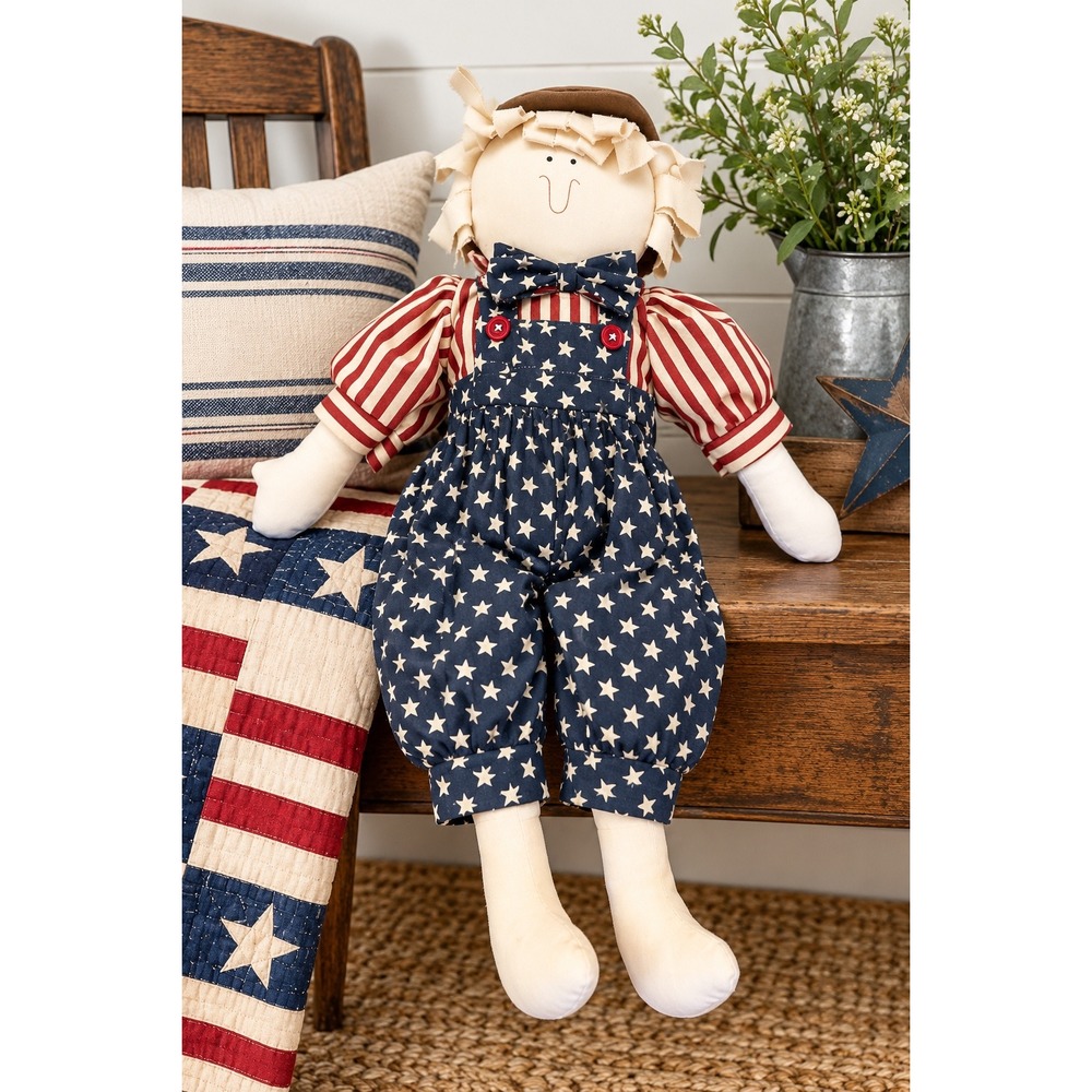 Primitive Americana Rag Doll 18" Patriotic Stars Stripes Overalls Folk Art Decor